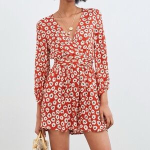 ZARA Red Daisy Floral Wrap Mini Romper | Long Sleeve V-Neck | Size S